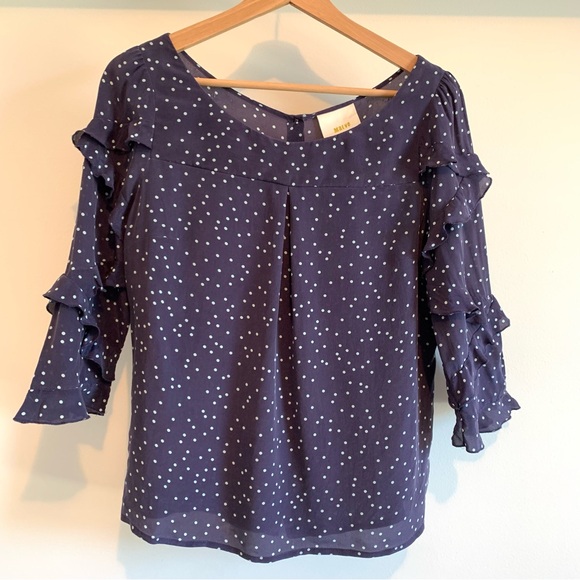 Anthropologie Maeve Navy Ruffle Sleeve Blouse Silk - Picture 1 of 7